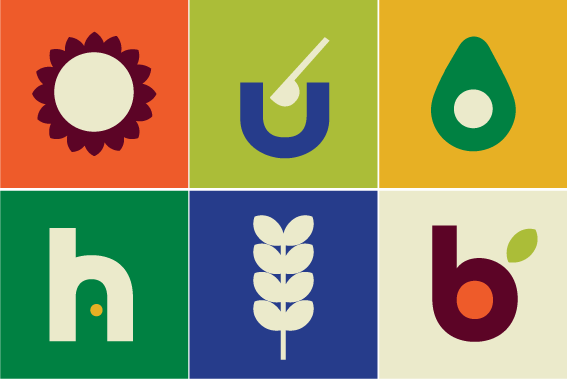 image of a colorful grid containing the letters h u & b, and icons of a sun, grain and avocado